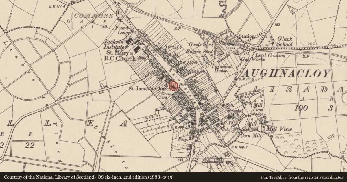 Ordnance Survey six-inch map, 2nd edition (1888–1915) covering the location of St. James' C OF I CHURCH, Mid Ulster, with a pin at the register's coordinates