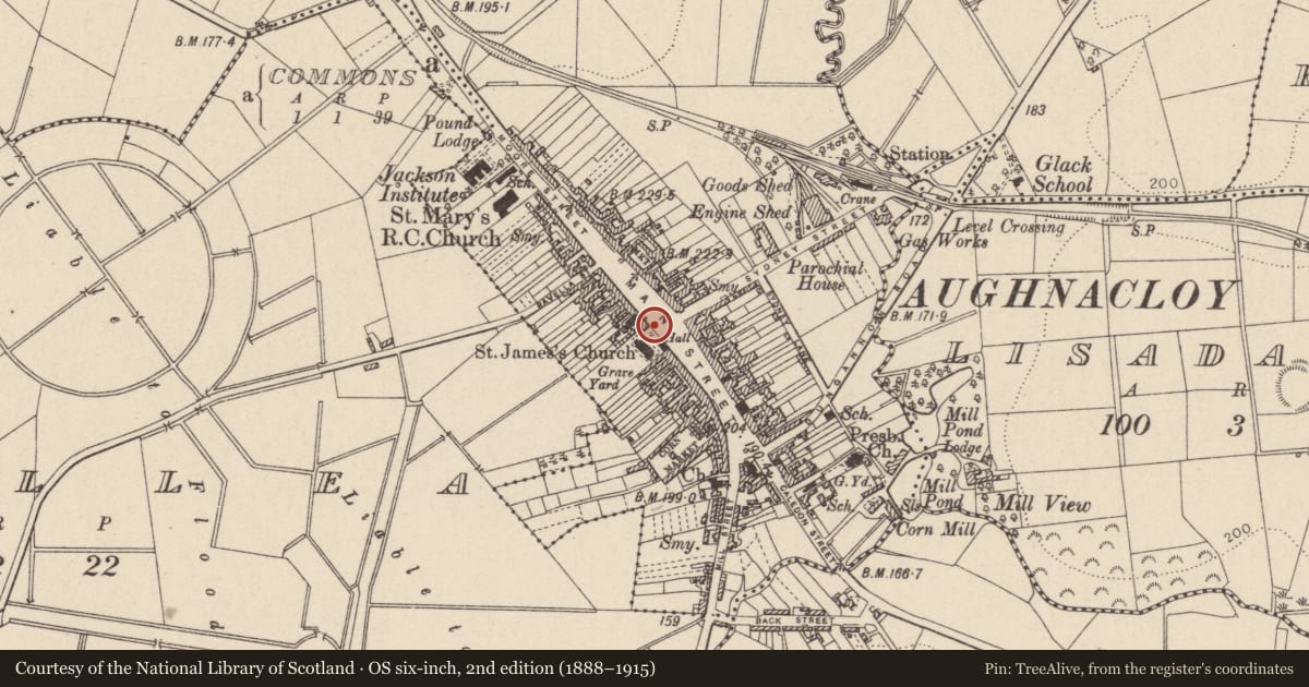 Ordnance Survey six-inch map, 2nd edition (1888–1915) covering the location of Gate Screen Of St. James' C OF I CHURCH, Mid Ulster, with a pin at the register's coordinates