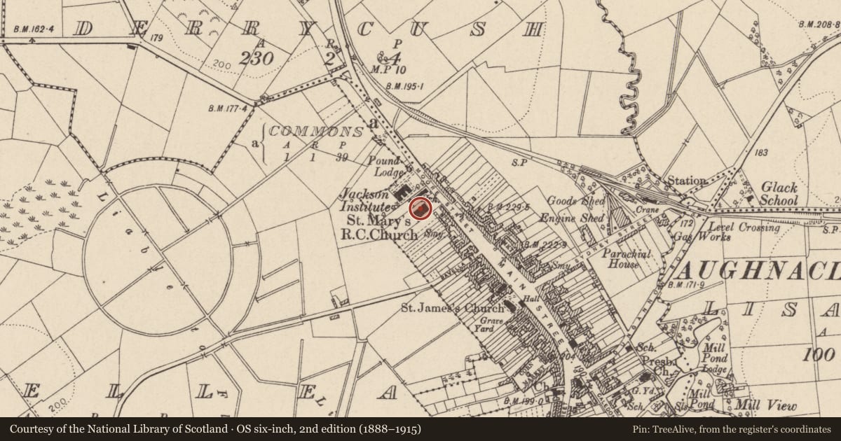 Ordnance Survey six-inch map, 2nd edition (1888–1915) covering the location of St. Mary'S R C CHURCH, Mid Ulster, with a pin at the register's coordinates