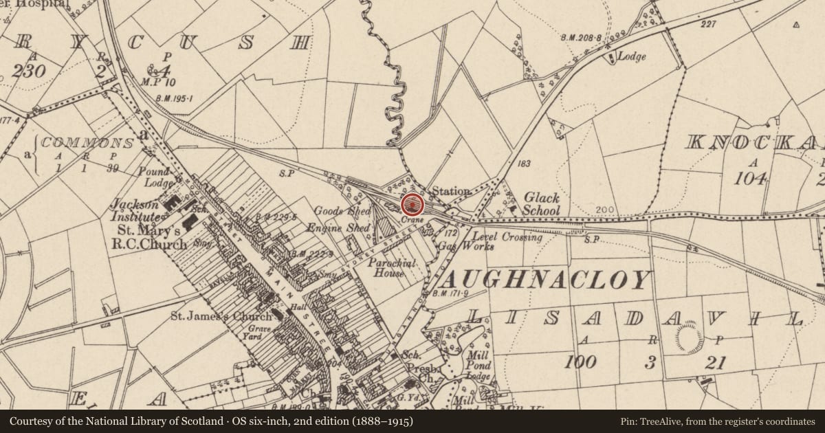 Ordnance Survey six-inch map, 2nd edition (1888–1915) covering the location of Railway Station (Original Building), Mid Ulster, with a pin at the register's coordinates