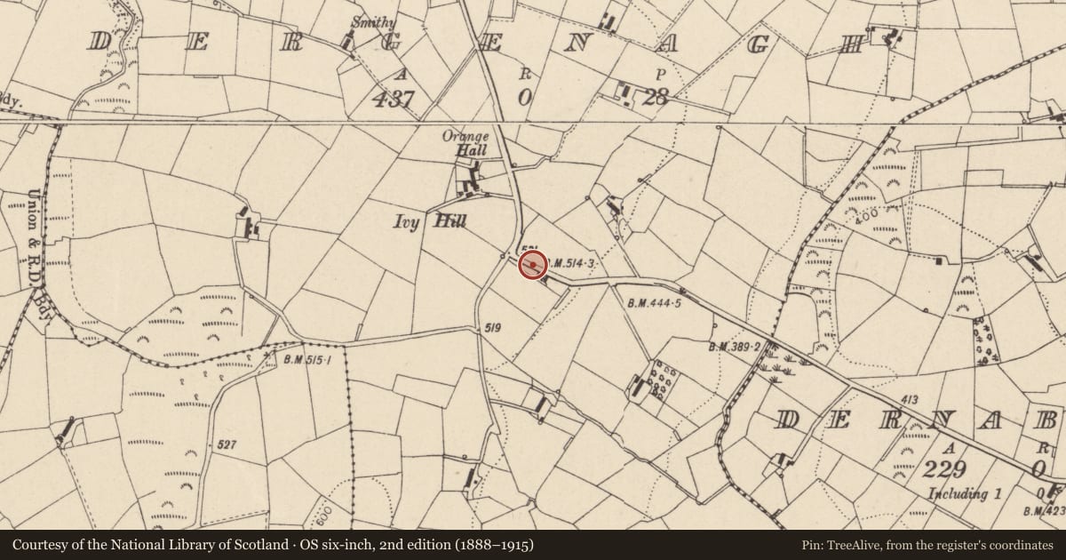 Ordnance Survey six-inch map, 2nd edition (1888–1915) covering the location of Telephone Kiosk beside 67 Dergenagh Road, Dungannon, BT70 1TW, Mid Ulster, with a pin at the register's coordinates