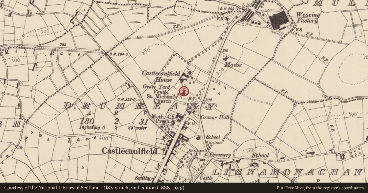 Ordnance Survey six-inch map, 2nd edition (1888–1915) covering the location of St. Michael'S Church, Mid Ulster, with a pin at the register's coordinates