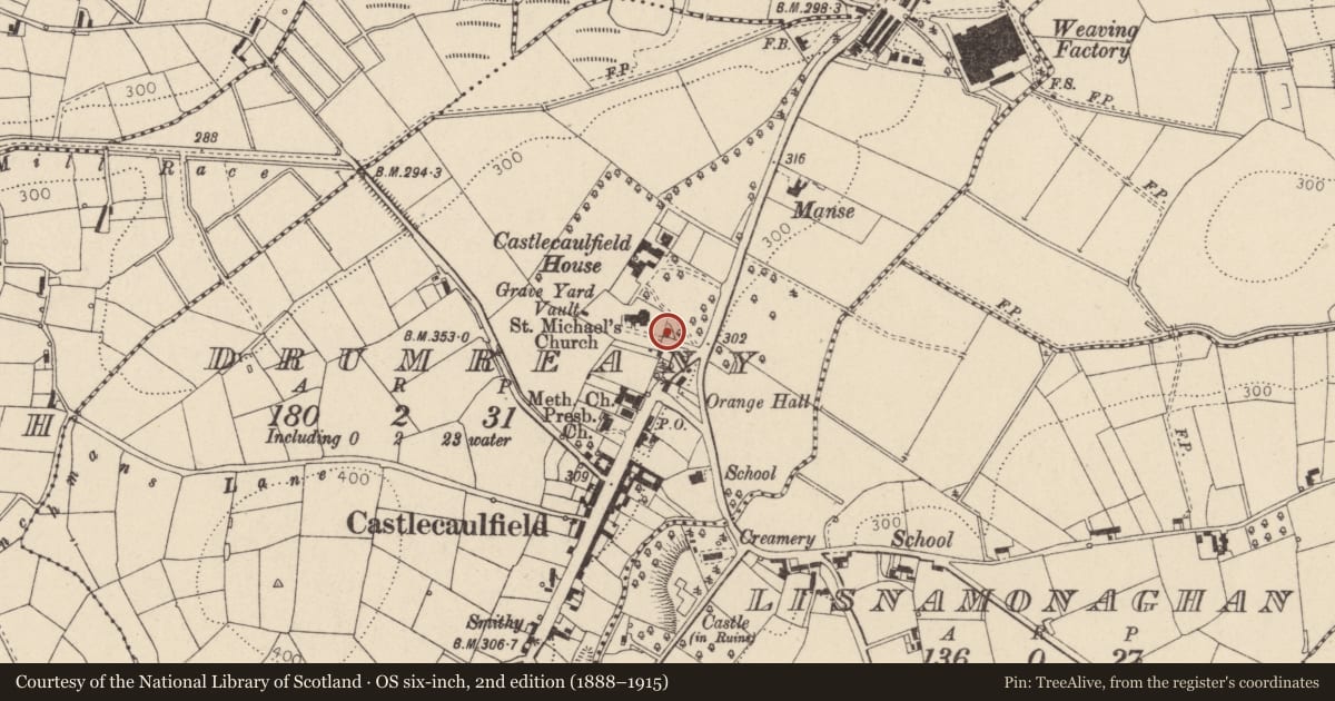 Ordnance Survey six-inch map, 2nd edition (1888–1915) covering the location of Entrance Gates, Mid Ulster, with a pin at the register's coordinates