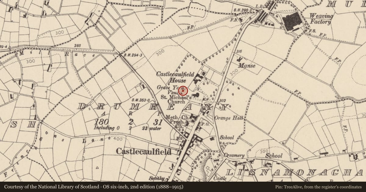 Ordnance Survey six-inch map, 2nd edition (1888–1915) covering the location of Burges Burial Vault, Mid Ulster, with a pin at the register's coordinates