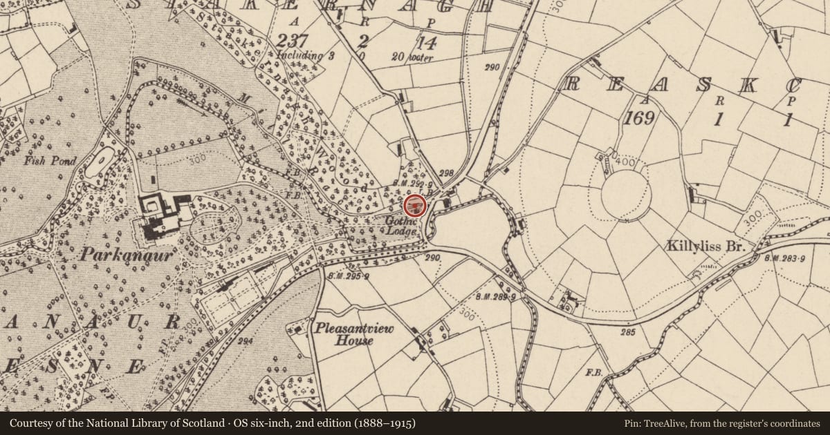 Ordnance Survey six-inch map, 2nd edition (1888–1915) covering the location of Gate Lodge, See Admin Comments, Mid Ulster, with a pin at the register's coordinates