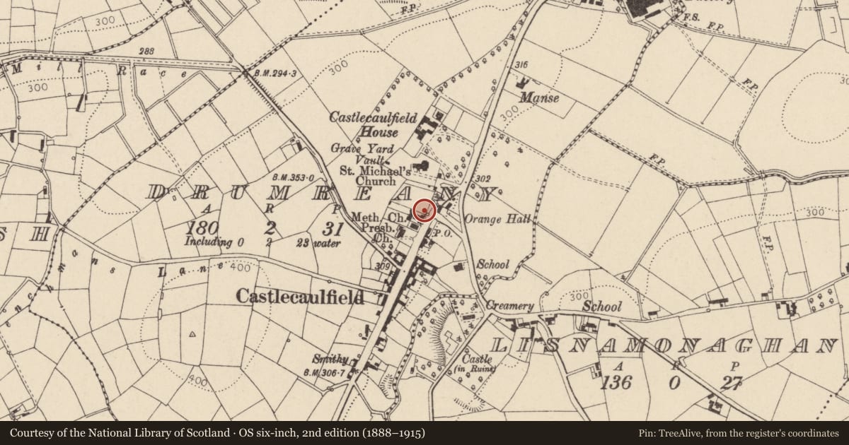 Ordnance Survey six-inch map, 2nd edition (1888–1915) covering the location of 62 Main St., Mid Ulster, with a pin at the register's coordinates