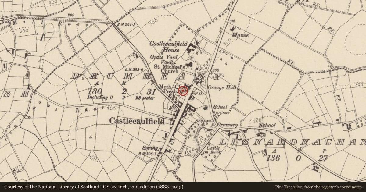 Ordnance Survey six-inch map, 2nd edition (1888–1915) covering the location of Presbyterian church, Drumreany, Mid Ulster, with a pin at the register's coordinates