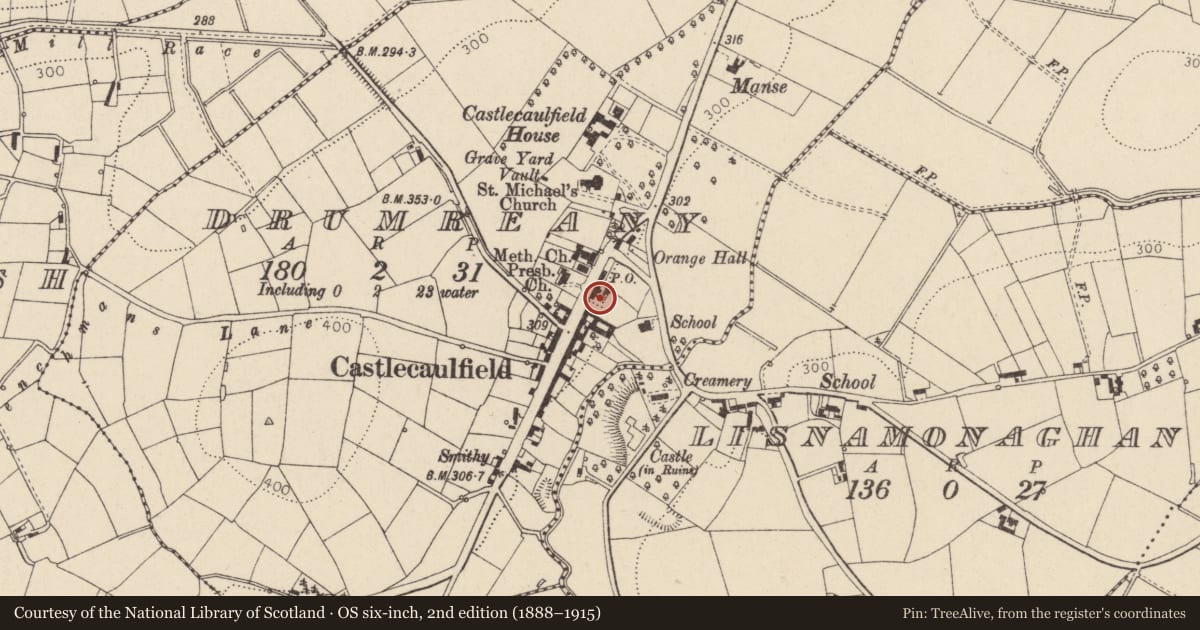 Ordnance Survey six-inch map, 2nd edition (1888–1915) covering the location of Acheson Memorial Hall, Mid Ulster, with a pin at the register's coordinates