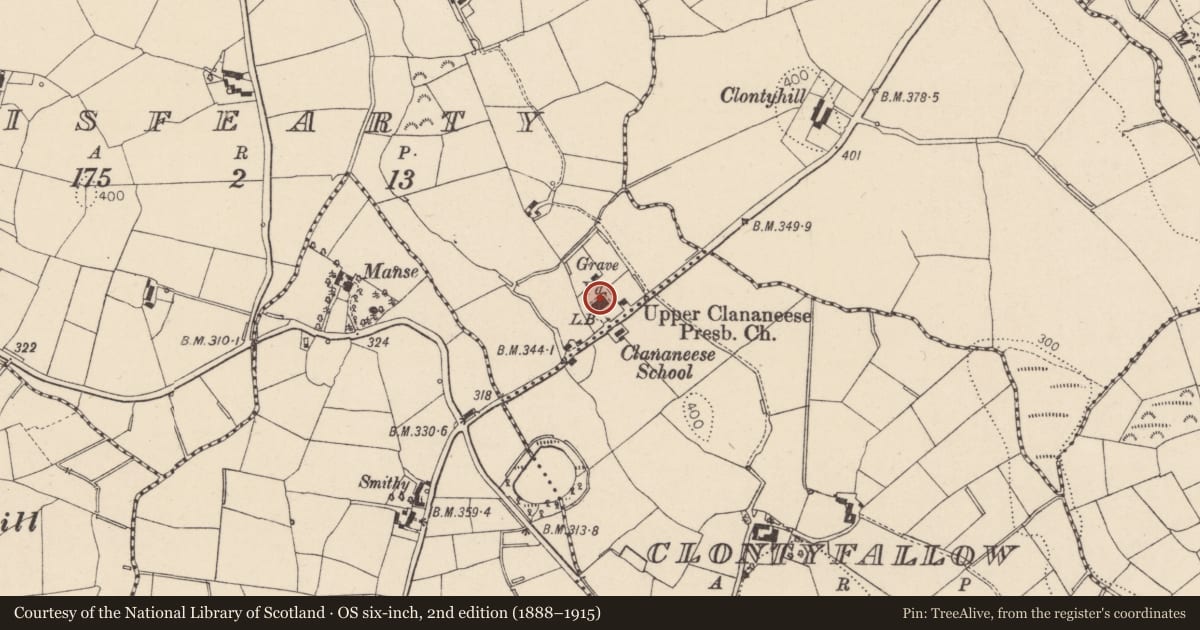Ordnance Survey six-inch map, 2nd edition (1888–1915) covering the location of Upper Clonaneese Presbyterian Church, Armagh City, Banbridge and Craigavon, with a pin at the register's coordinates