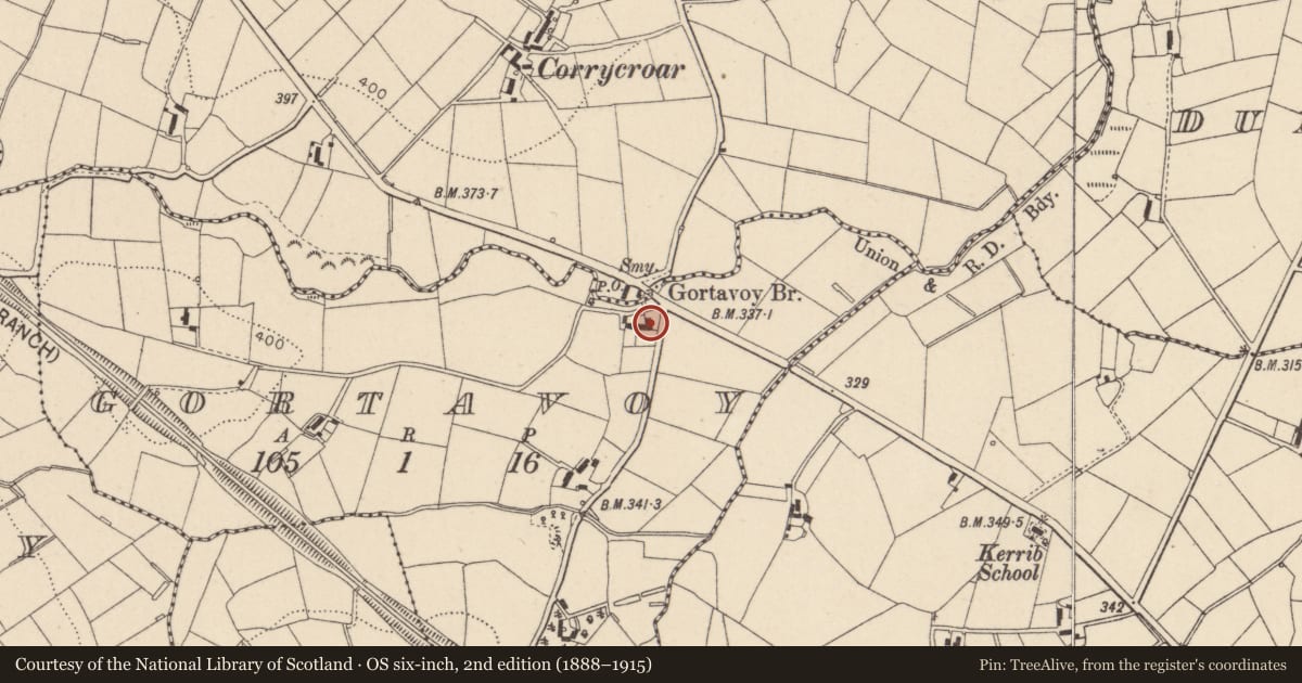 Ordnance Survey six-inch map, 2nd edition (1888–1915) covering the location of 86 Gortindarragh Road, Mid Ulster, with a pin at the register's coordinates