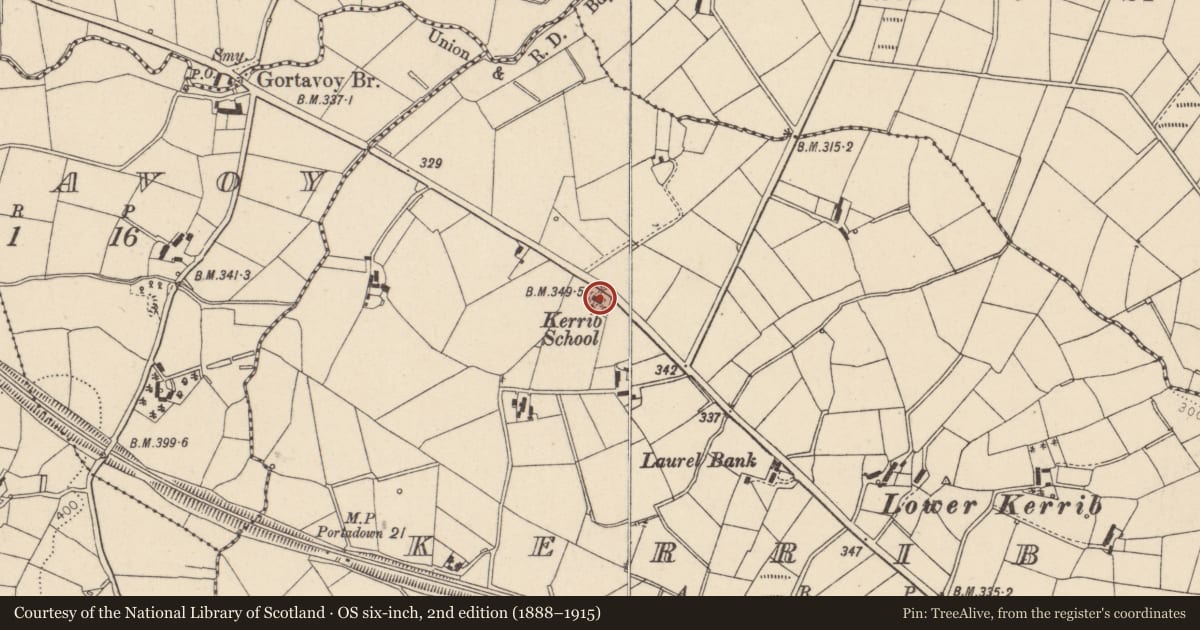 Ordnance Survey six-inch map, 2nd edition (1888–1915) covering the location of Former Kerrib National School, Mid Ulster, with a pin at the register's coordinates