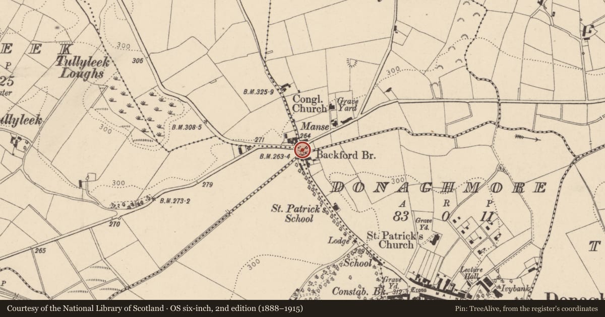 Ordnance Survey six-inch map, 2nd edition (1888–1915) covering the location of Gortavoy Bridge, Mid Ulster, with a pin at the register's coordinates