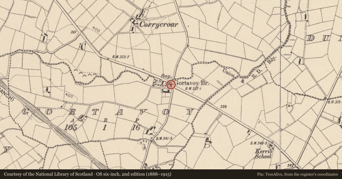 Ordnance Survey six-inch map, 2nd edition (1888–1915) covering the location of Telephone Kiosk near 86 Gortindarragh Road Pomeroy Gortavoy Dungannon Co. Tyrone BT70 3DU, Mid Ulster, with a pin at the register's coordinates
