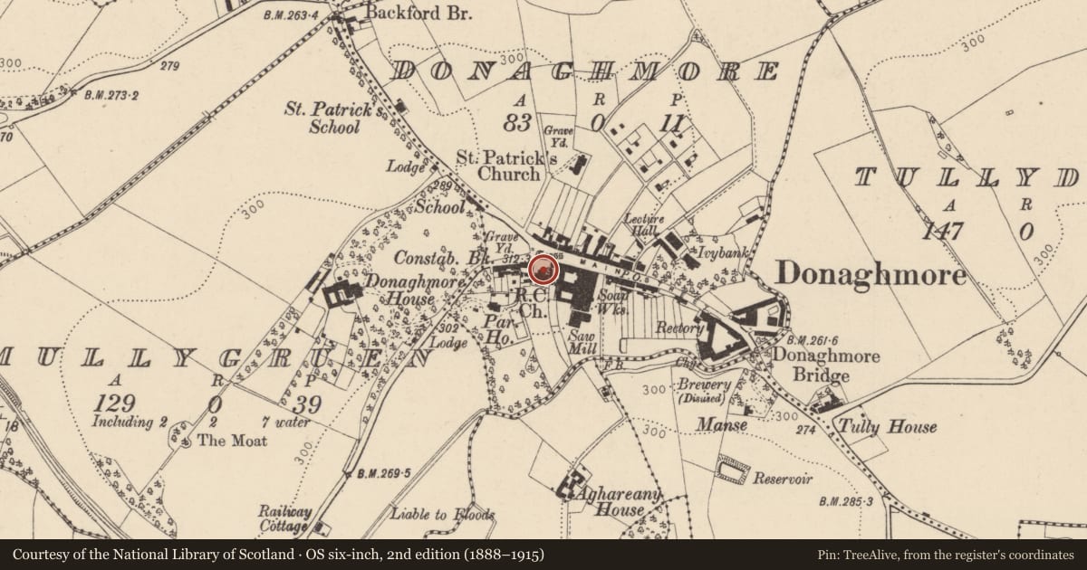 Ordnance Survey six-inch map, 2nd edition (1888–1915) covering the location of St. Patrick'S R C CHURCH, Mid Ulster, with a pin at the register's coordinates