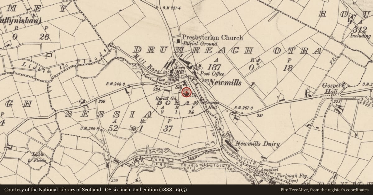 Ordnance Survey six-inch map, 2nd edition (1888–1915) covering the location of Holy Trinity Church, Mid Ulster, with a pin at the register's coordinates