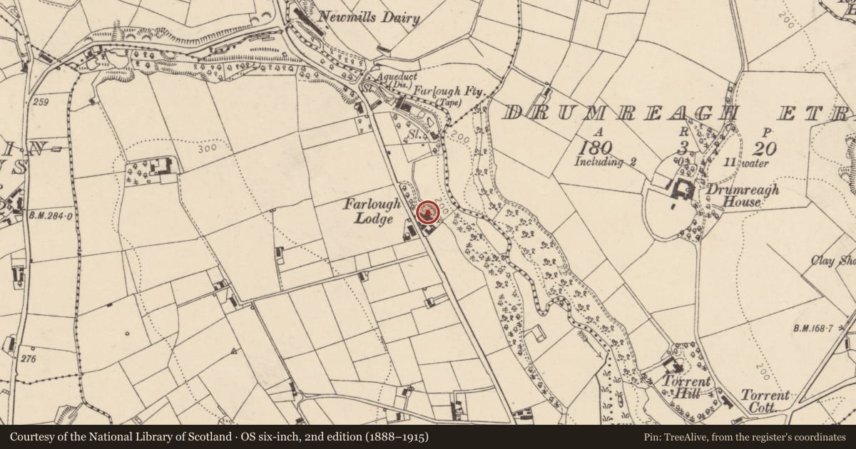 Ordnance Survey six-inch map, 2nd edition (1888–1915) covering the location of Farlough Lodge, Mid Ulster, with a pin at the register's coordinates