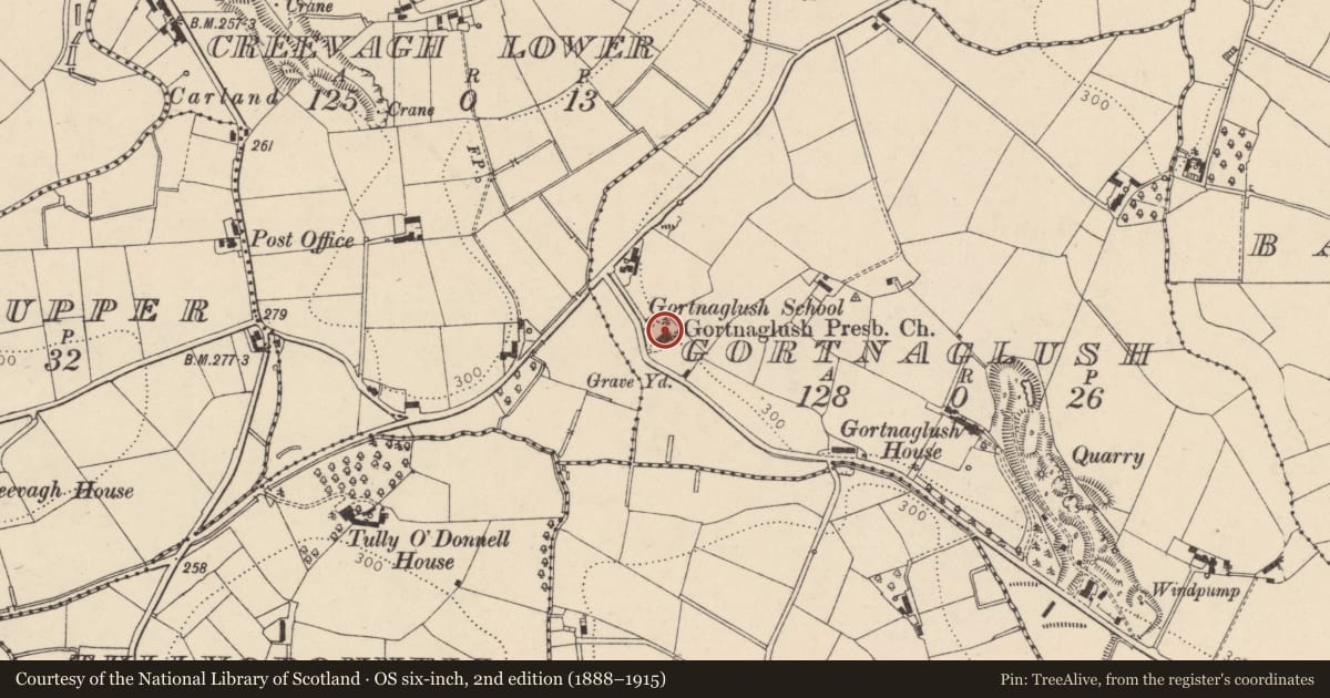 Ordnance Survey six-inch map, 2nd edition (1888–1915) covering the location of Carland Presbyterian Church, Mid Ulster, with a pin at the register's coordinates