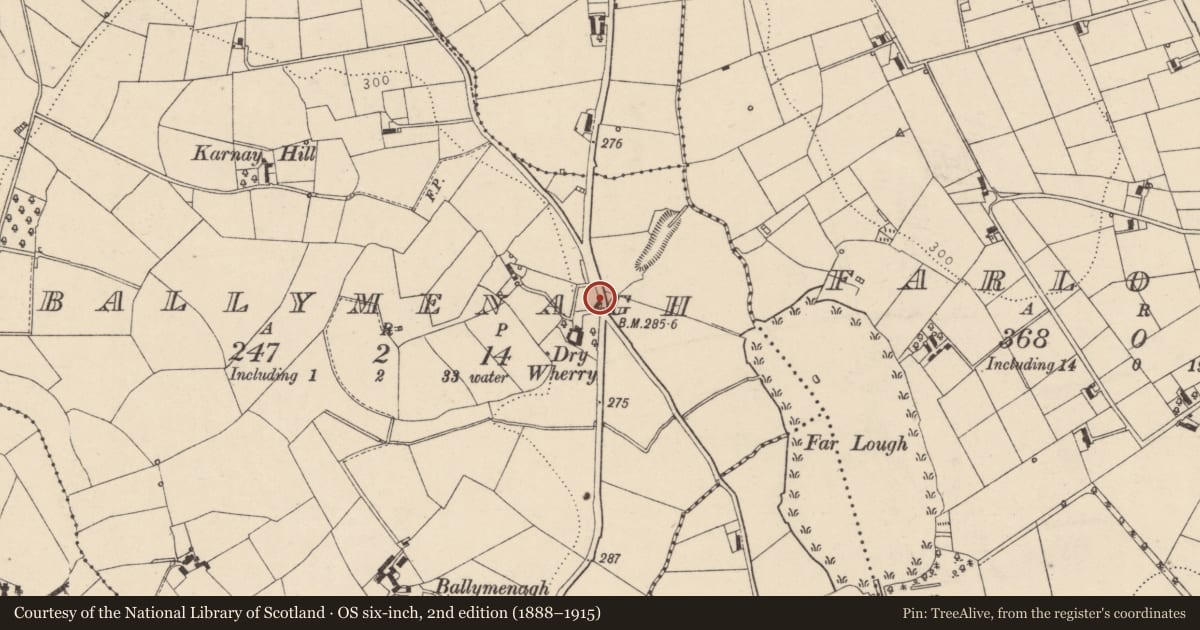 Ordnance Survey six-inch map, 2nd edition (1888–1915) covering the location of The Dry Wherry, Mid Ulster, with a pin at the register's coordinates