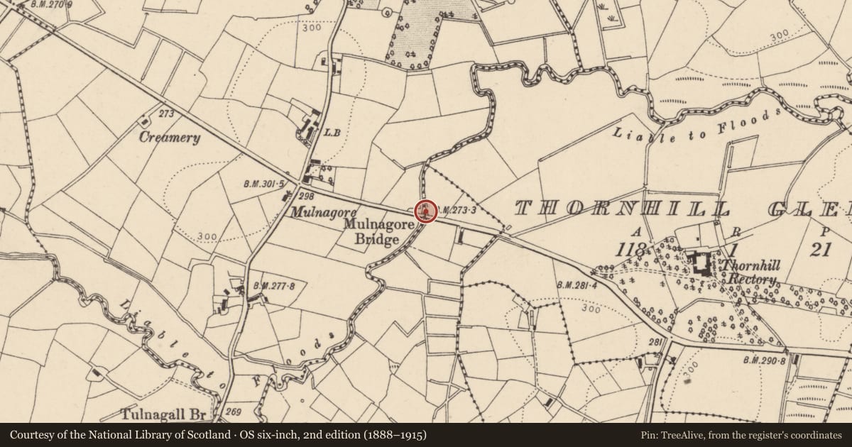 Ordnance Survey six-inch map, 2nd edition (1888–1915) covering the location of Mulnagore Bridge, Mid Ulster, with a pin at the register's coordinates
