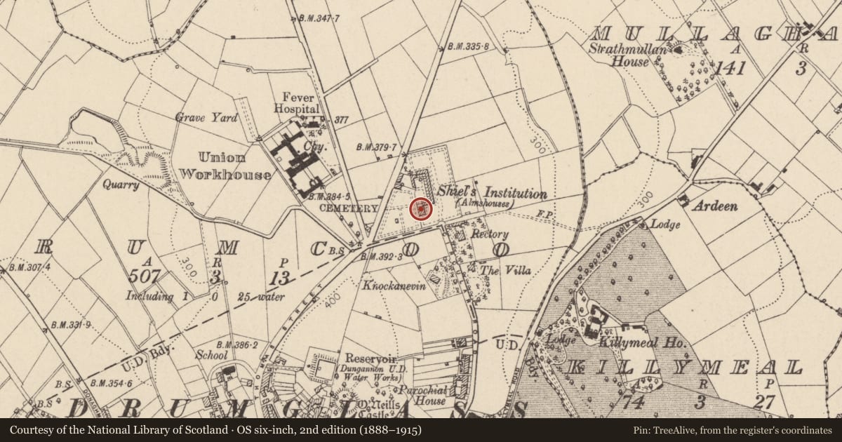 Ordnance Survey six-inch map, 2nd edition (1888–1915) covering the location of 1 Charles Shiels Institution, Mid Ulster, with a pin at the register's coordinates