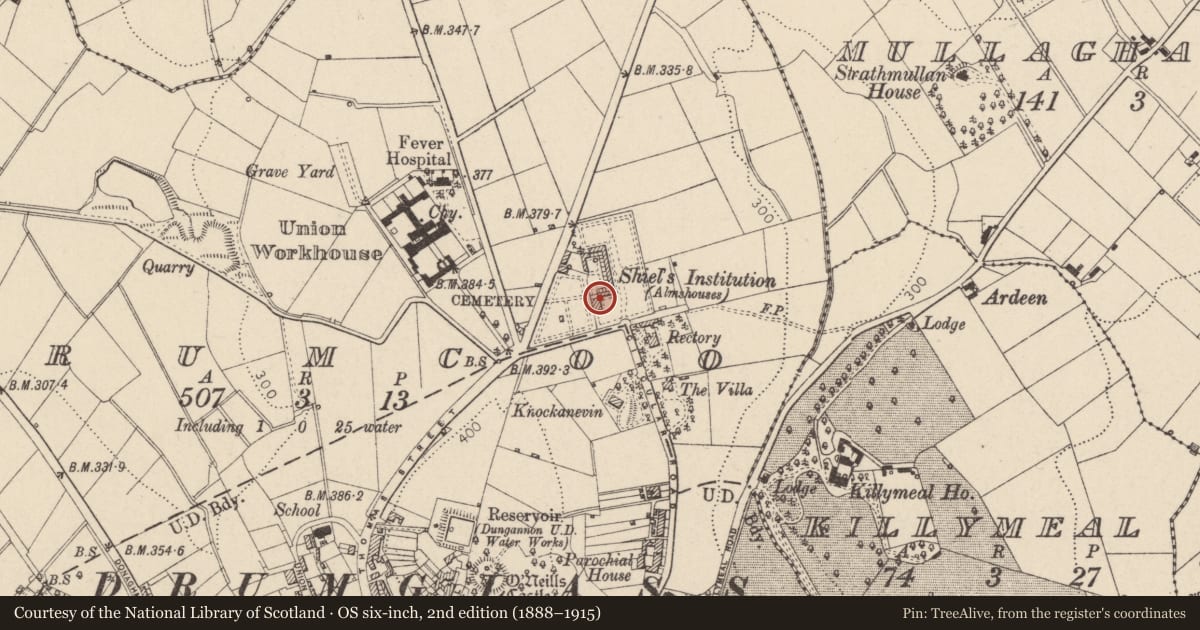 Ordnance Survey six-inch map, 2nd edition (1888–1915) covering the location of 3 Charles Shiels Institution Circular Road Dungannon Co.tyrone, Mid Ulster, with a pin at the register's coordinates