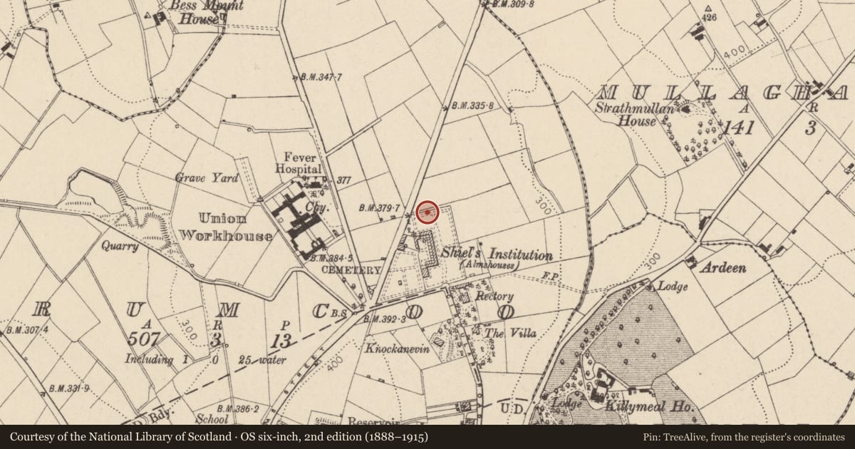 Ordnance Survey six-inch map, 2nd edition (1888–1915) covering the location of 29 Charles Shiels Institution Circular Road, Mid Ulster, with a pin at the register's coordinates
