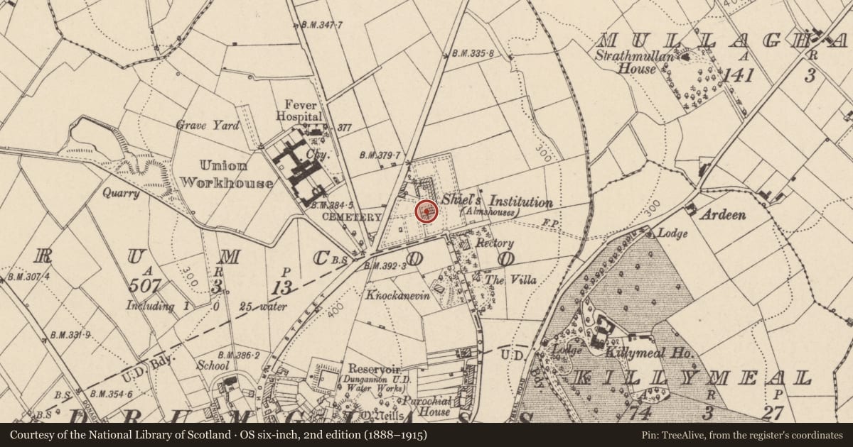 Ordnance Survey six-inch map, 2nd edition (1888–1915) covering the location of 4 Charles Shiels Institution Circular Road Dungannon Co.tyrone, Mid Ulster, with a pin at the register's coordinates