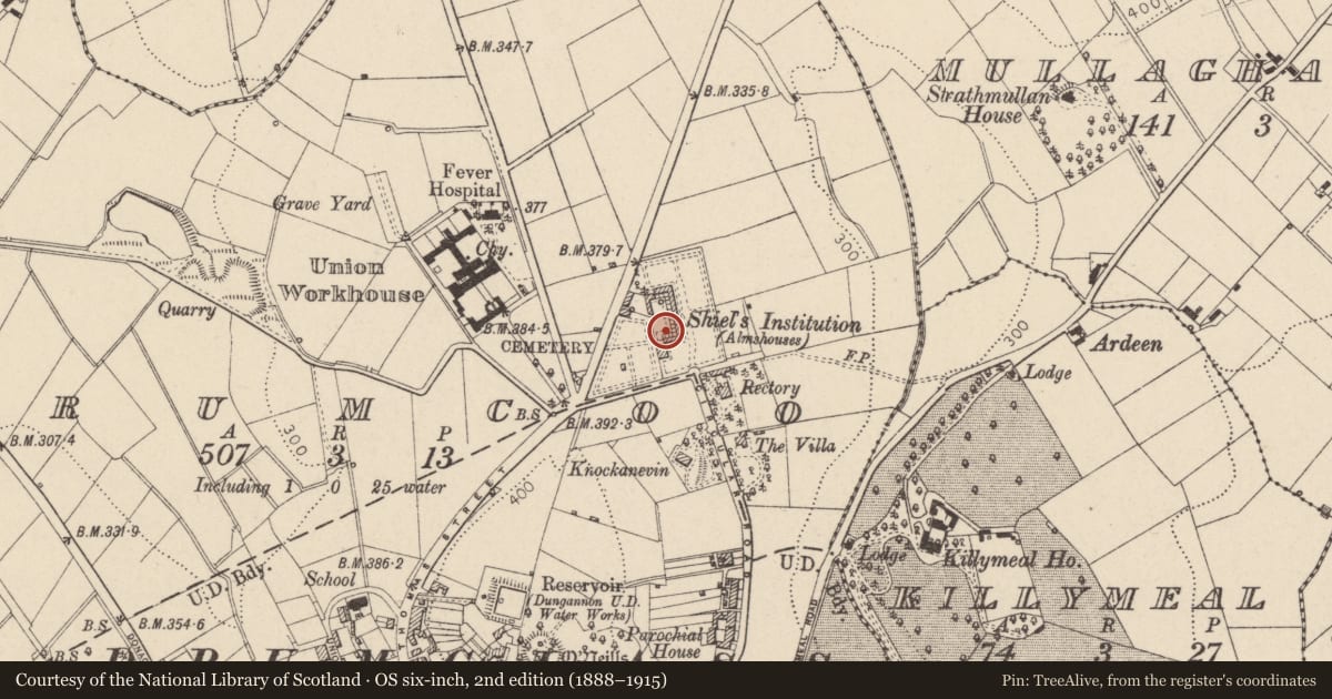 Ordnance Survey six-inch map, 2nd edition (1888–1915) covering the location of 5 Charles Shiels Institution Circular Road Dungannon Co.tyrone, Mid Ulster, with a pin at the register's coordinates