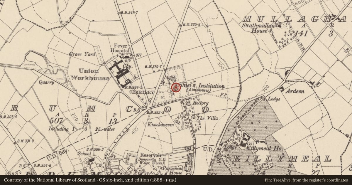 Ordnance Survey six-inch map, 2nd edition (1888–1915) covering the location of 8 Charles Shiels Institution Circular Road Dungannon Co.tyrone, Mid Ulster, with a pin at the register's coordinates