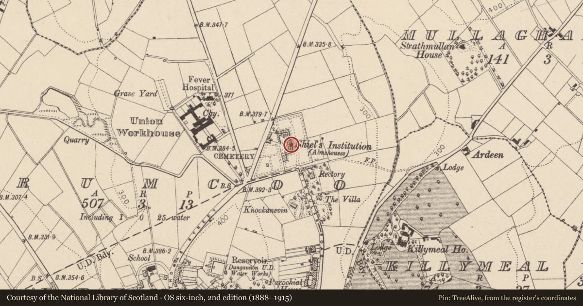 Ordnance Survey six-inch map, 2nd edition (1888–1915) covering the location of 11 Charles Shiels Institution Circular Road, Mid Ulster, with a pin at the register's coordinates