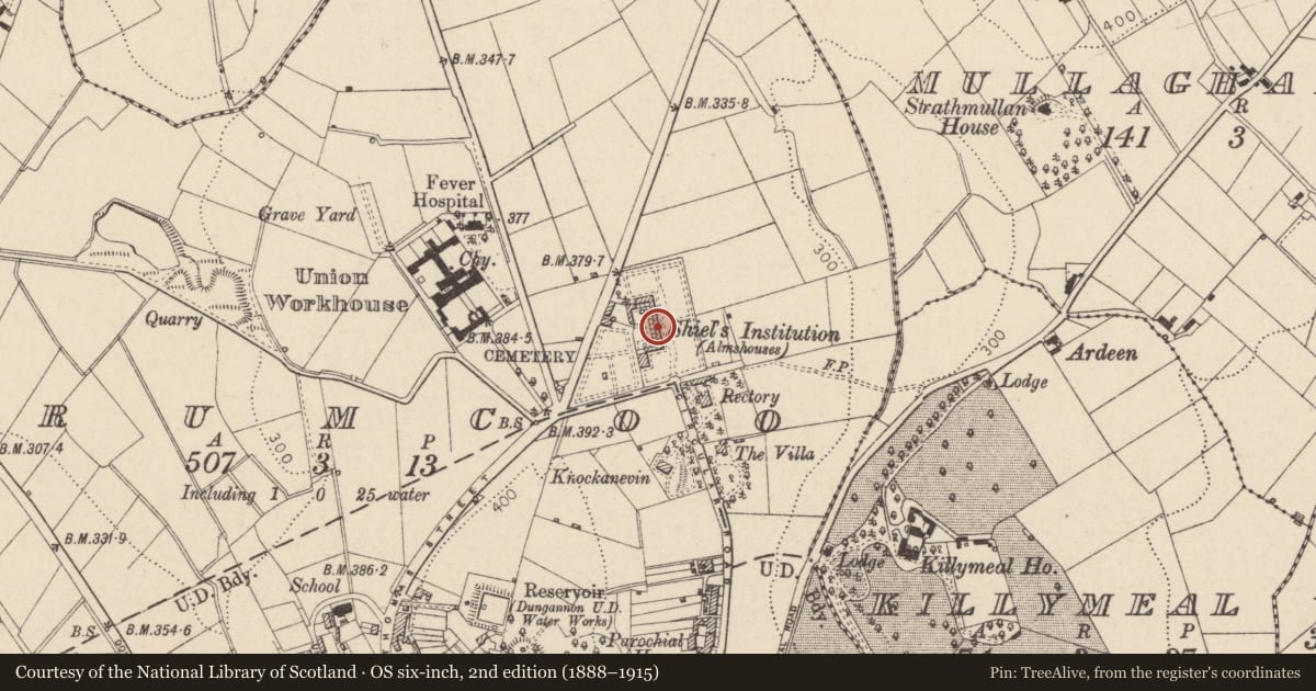 Ordnance Survey six-inch map, 2nd edition (1888–1915) covering the location of 12 Charles Shiels Institution Circular Road, Mid Ulster, with a pin at the register's coordinates