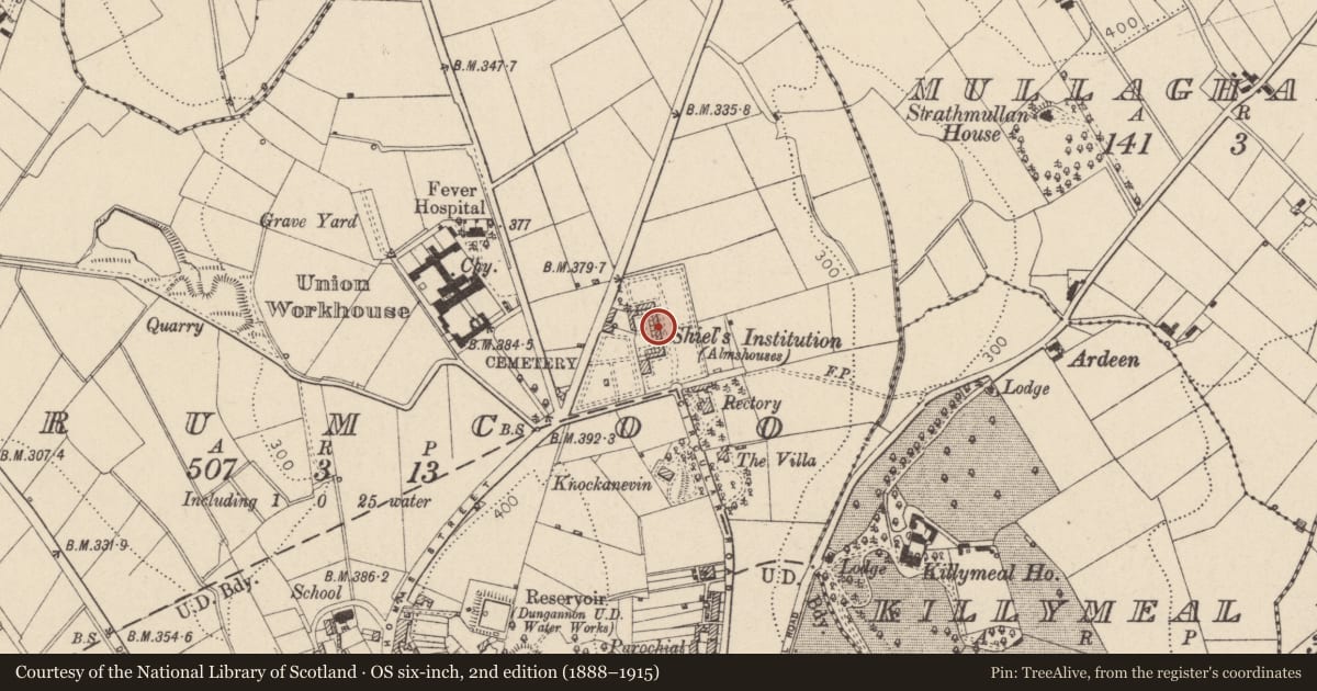 Ordnance Survey six-inch map, 2nd edition (1888–1915) covering the location of 14 Charles Shiels Institution Circular Road, Mid Ulster, with a pin at the register's coordinates
