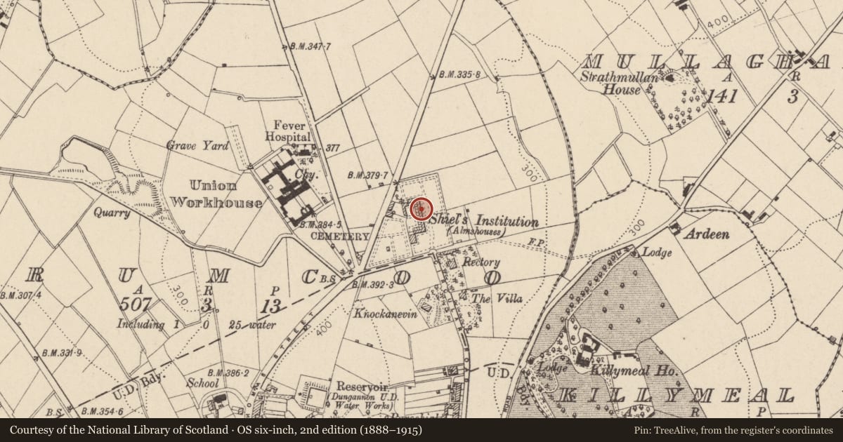 Ordnance Survey six-inch map, 2nd edition (1888–1915) covering the location of 15 Charles Shiels Institution, Mid Ulster, with a pin at the register's coordinates