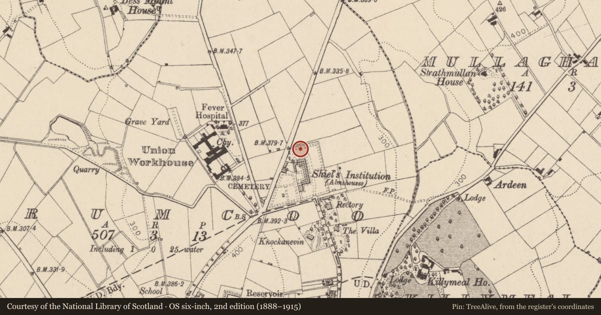 Ordnance Survey six-inch map, 2nd edition (1888–1915) covering the location of 16 Charles Shiels Institution Circular Road, Mid Ulster, with a pin at the register's coordinates