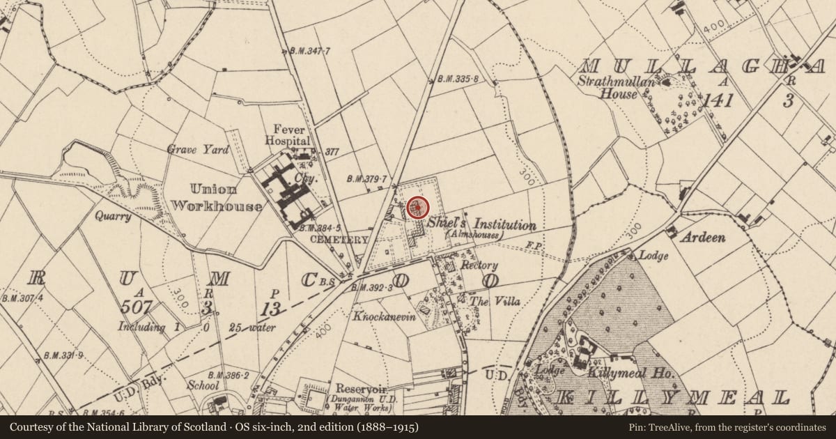 Ordnance Survey six-inch map, 2nd edition (1888–1915) covering the location of 17 Charles Shiels Institution Circular Road, Mid Ulster, with a pin at the register's coordinates