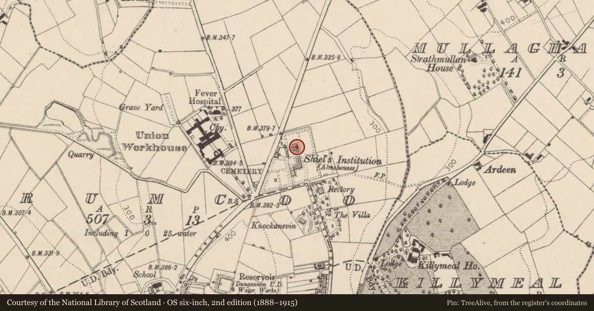 Ordnance Survey six-inch map, 2nd edition (1888–1915) covering the location of 18 Charles Shiels Institution Circular Road, Mid Ulster, with a pin at the register's coordinates
