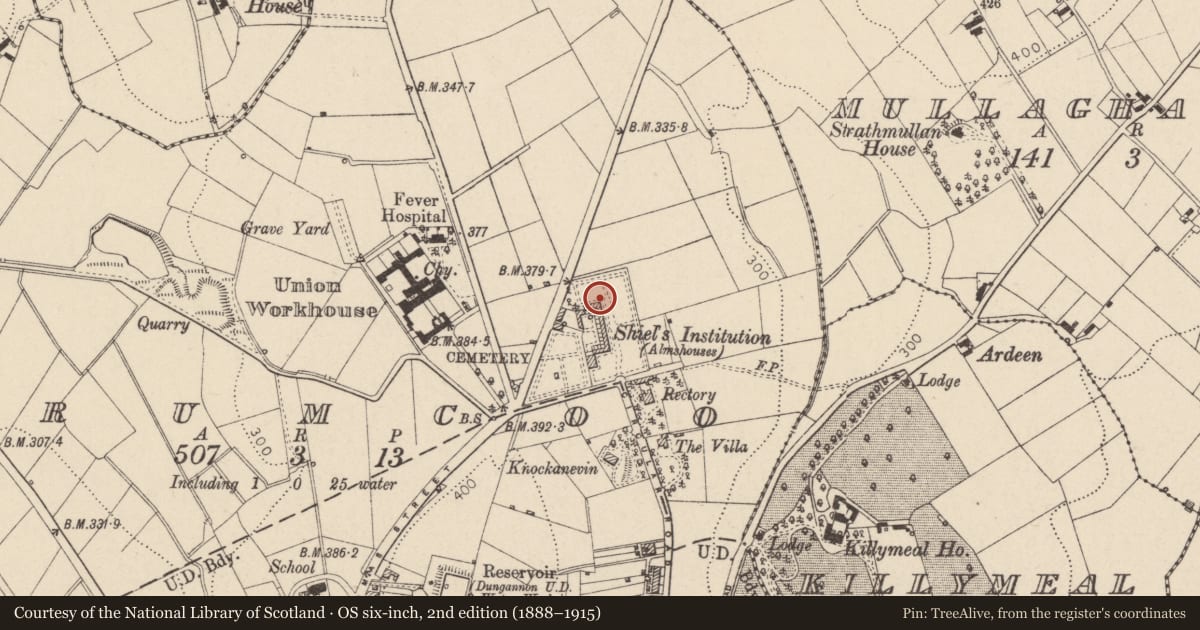 Ordnance Survey six-inch map, 2nd edition (1888–1915) covering the location of 21 Charles Shiels Institution Circular Road, Mid Ulster, with a pin at the register's coordinates