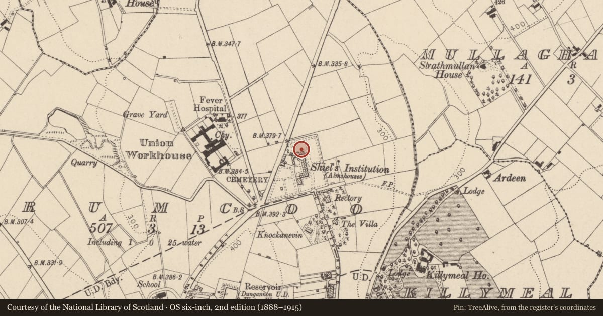 Ordnance Survey six-inch map, 2nd edition (1888–1915) covering the location of 22 Charles Shiels Institution Circular Road, Mid Ulster, with a pin at the register's coordinates