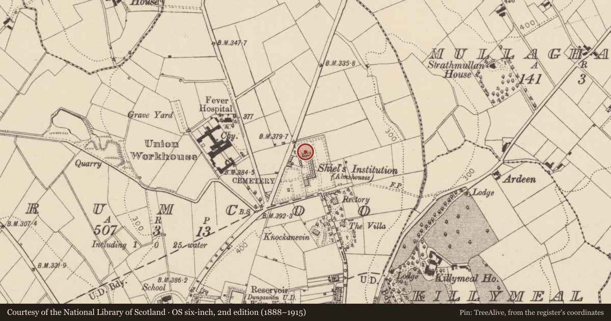 Ordnance Survey six-inch map, 2nd edition (1888–1915) covering the location of 24 Charles Shiels Institution Circular Road, Mid Ulster, with a pin at the register's coordinates