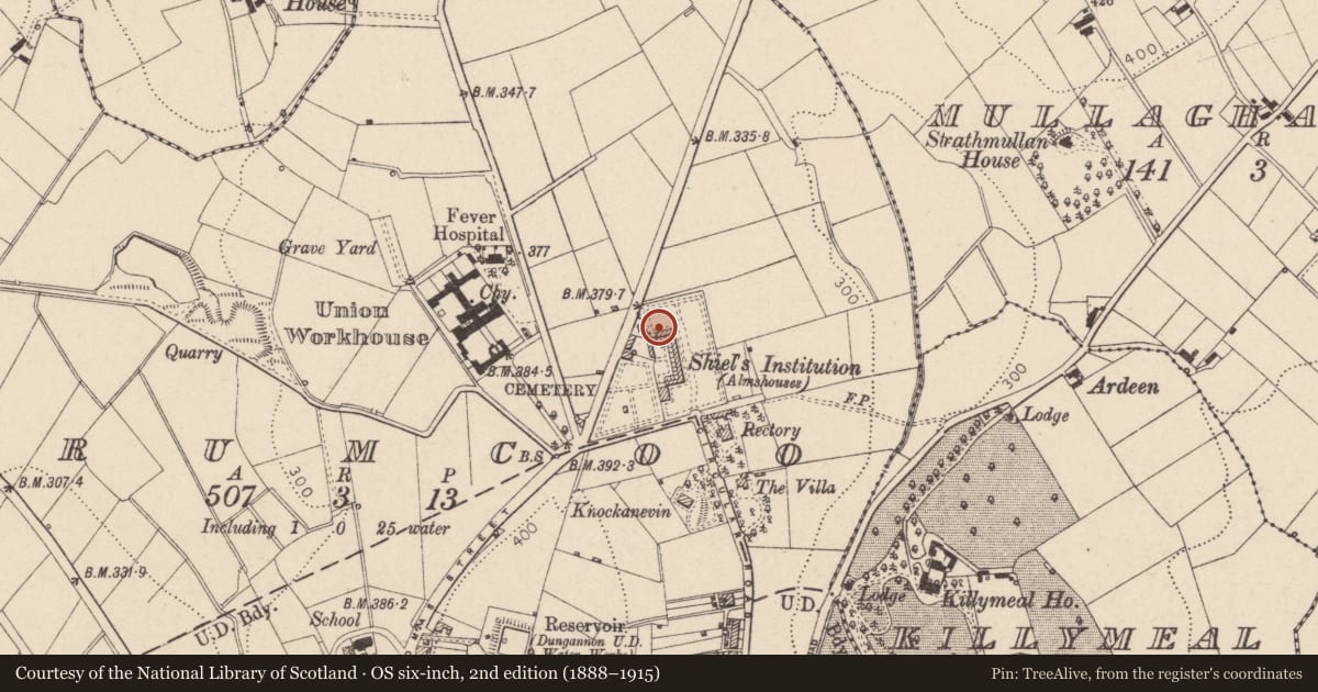 Ordnance Survey six-inch map, 2nd edition (1888–1915) covering the location of 25 Charles Shiels Institution Circular Road, Mid Ulster, with a pin at the register's coordinates