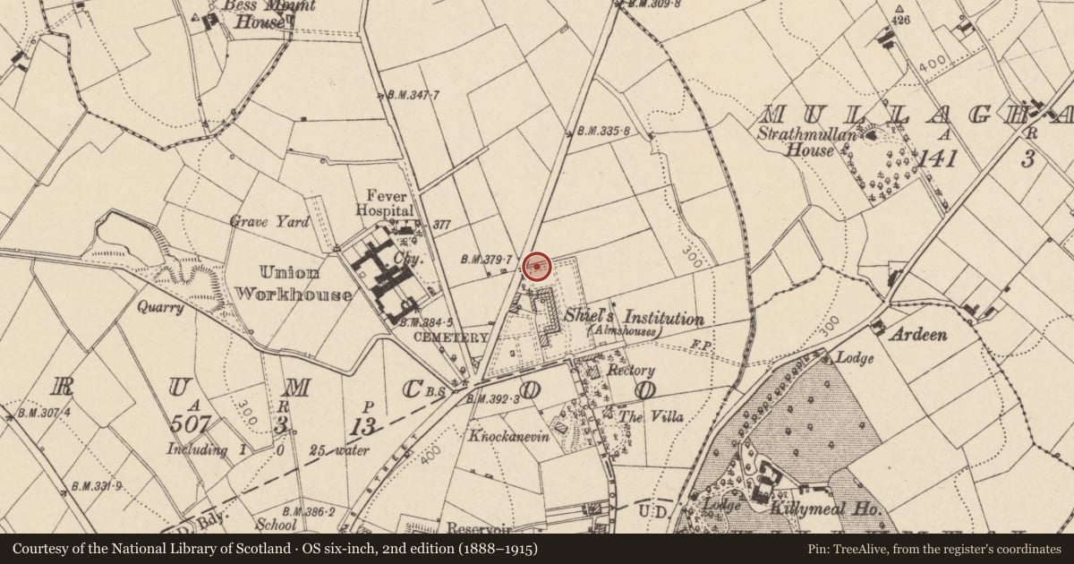 Ordnance Survey six-inch map, 2nd edition (1888–1915) covering the location of 26 Charles Shiels Institution Circular Road, Mid Ulster, with a pin at the register's coordinates