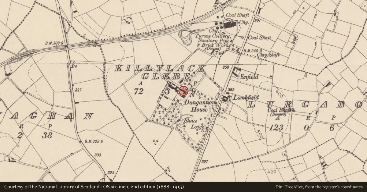 Ordnance Survey six-inch map, 2nd edition (1888–1915) covering the location of Drumglass House, Mid Ulster, with a pin at the register's coordinates