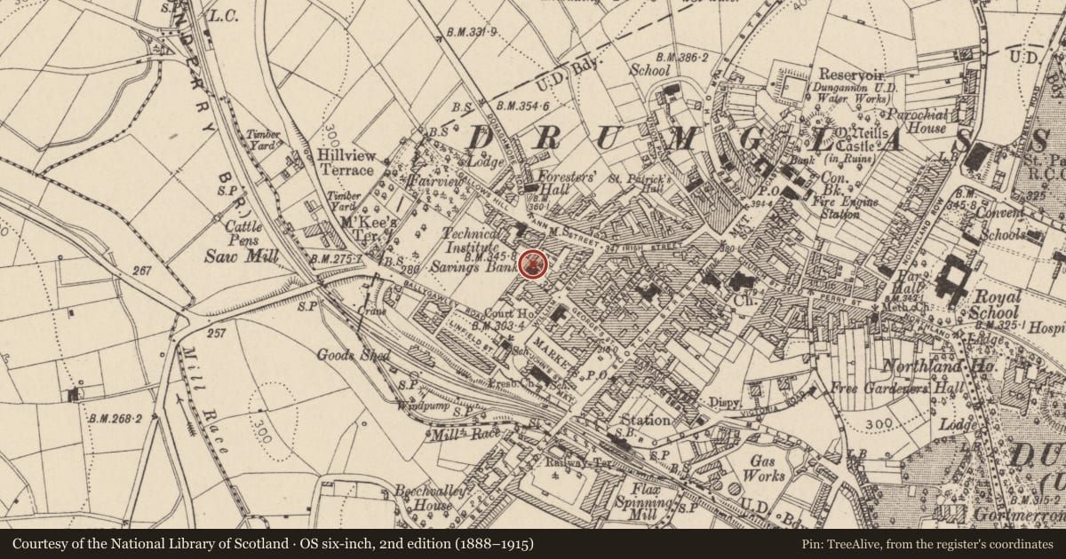 Ordnance Survey six-inch map, 2nd edition (1888–1915) covering the location of The Tyrone Courier Building, Mid Ulster, with a pin at the register's coordinates