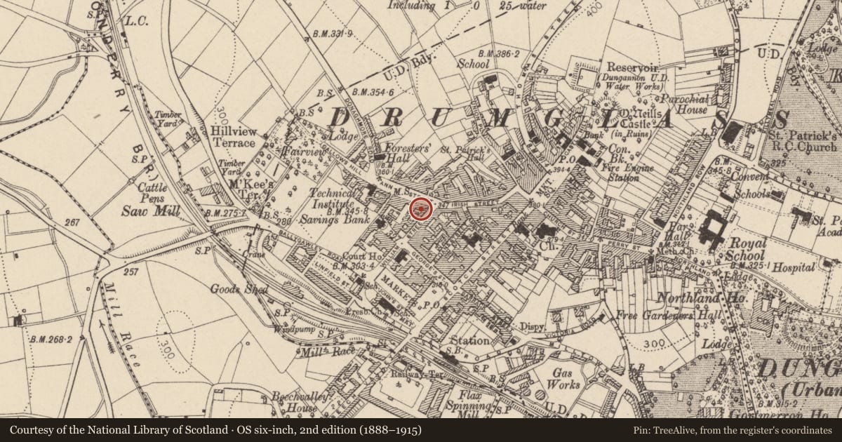 Ordnance Survey six-inch map, 2nd edition (1888–1915) covering the location of 7 William St., Mid Ulster, with a pin at the register's coordinates