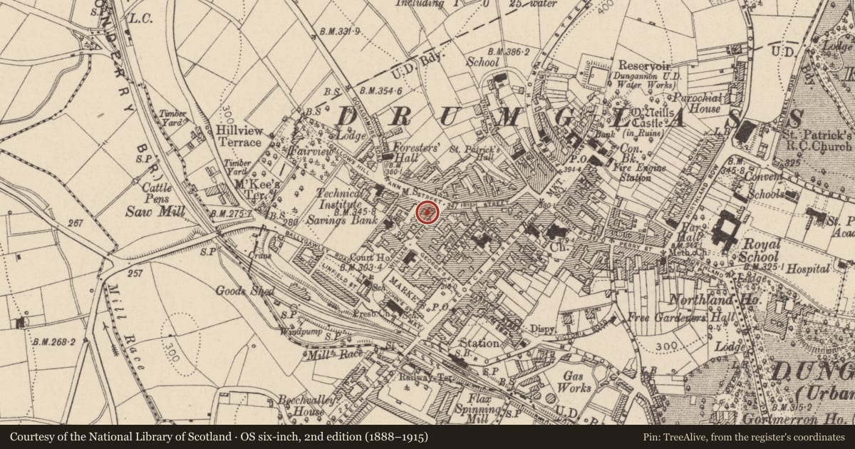 Ordnance Survey six-inch map, 2nd edition (1888–1915) covering the location of 9 William St., Mid Ulster, with a pin at the register's coordinates