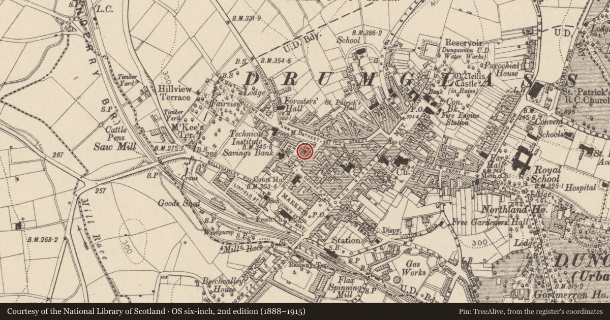 Ordnance Survey six-inch map, 2nd edition (1888–1915) covering the location of 13 William St., Mid Ulster, with a pin at the register's coordinates