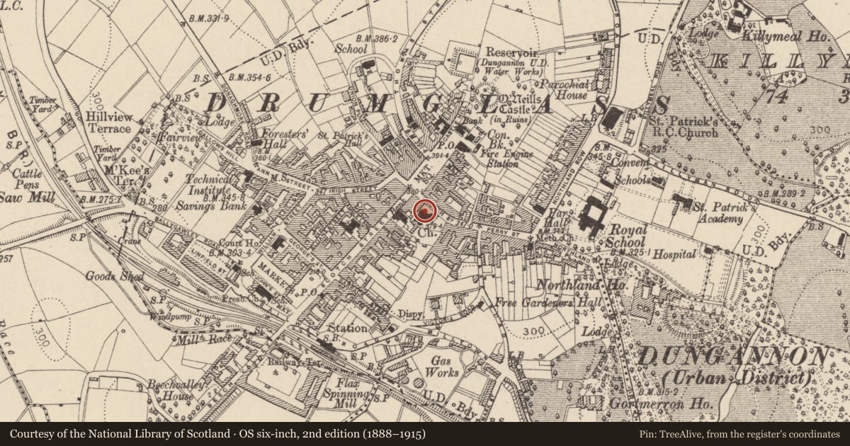 Ordnance Survey six-inch map, 2nd edition (1888–1915) covering the location of St. Anne'S Parish Church, Mid Ulster, with a pin at the register's coordinates