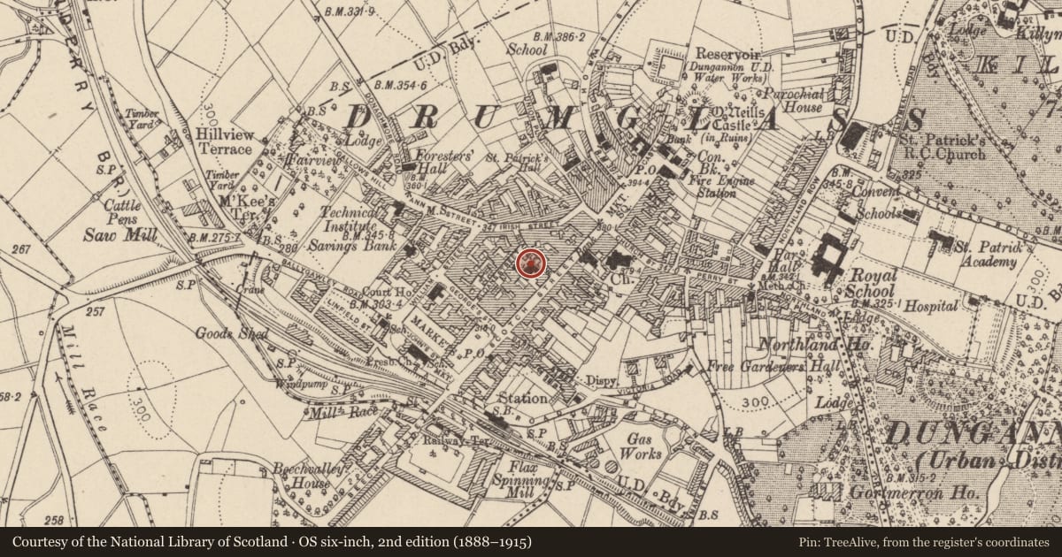 Ordnance Survey six-inch map, 2nd edition (1888–1915) covering the location of Presbyterian Church, Mid Ulster, with a pin at the register's coordinates