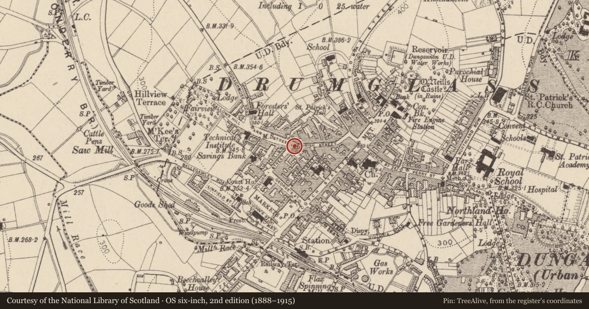 Ordnance Survey six-inch map, 2nd edition (1888–1915) covering the location of Allied Irish Bank, Mid Ulster, with a pin at the register's coordinates