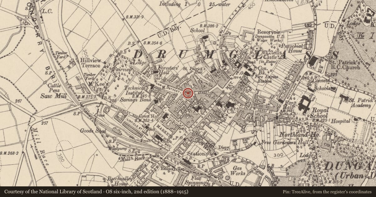 Ordnance Survey six-inch map, 2nd edition (1888–1915) covering the location of 60 Irish St., Mid Ulster, with a pin at the register's coordinates